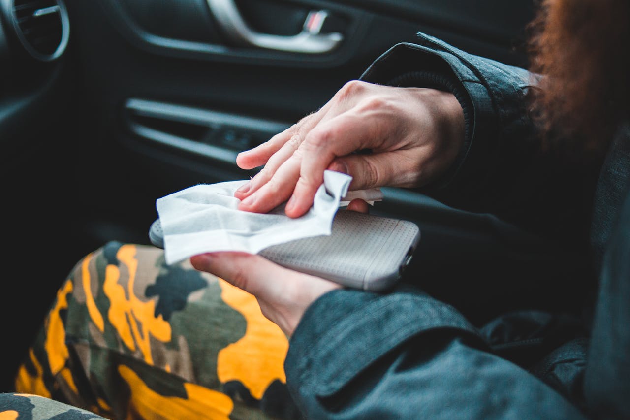 A person sanitizing their smartphone inside a car using a disinfectant wipe.