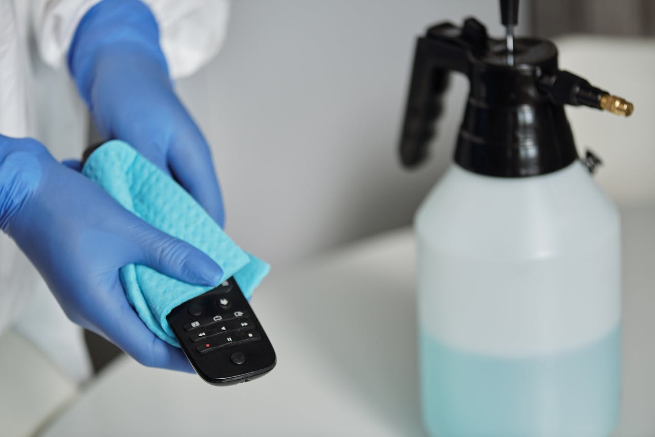 Close-up of gloved hands disinfecting a remote control with a cloth and spray bottle.